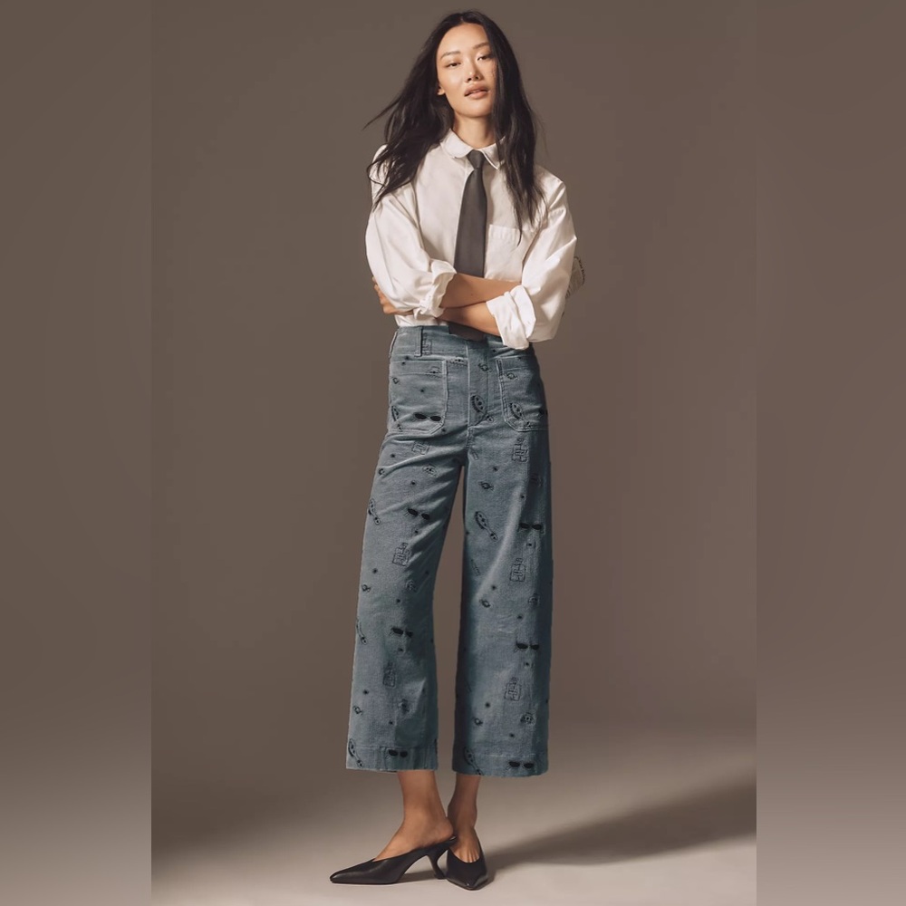 Maeve The Colette Crop Wide-leg Embroidered Corduroy Pants Light Blue/ Gray